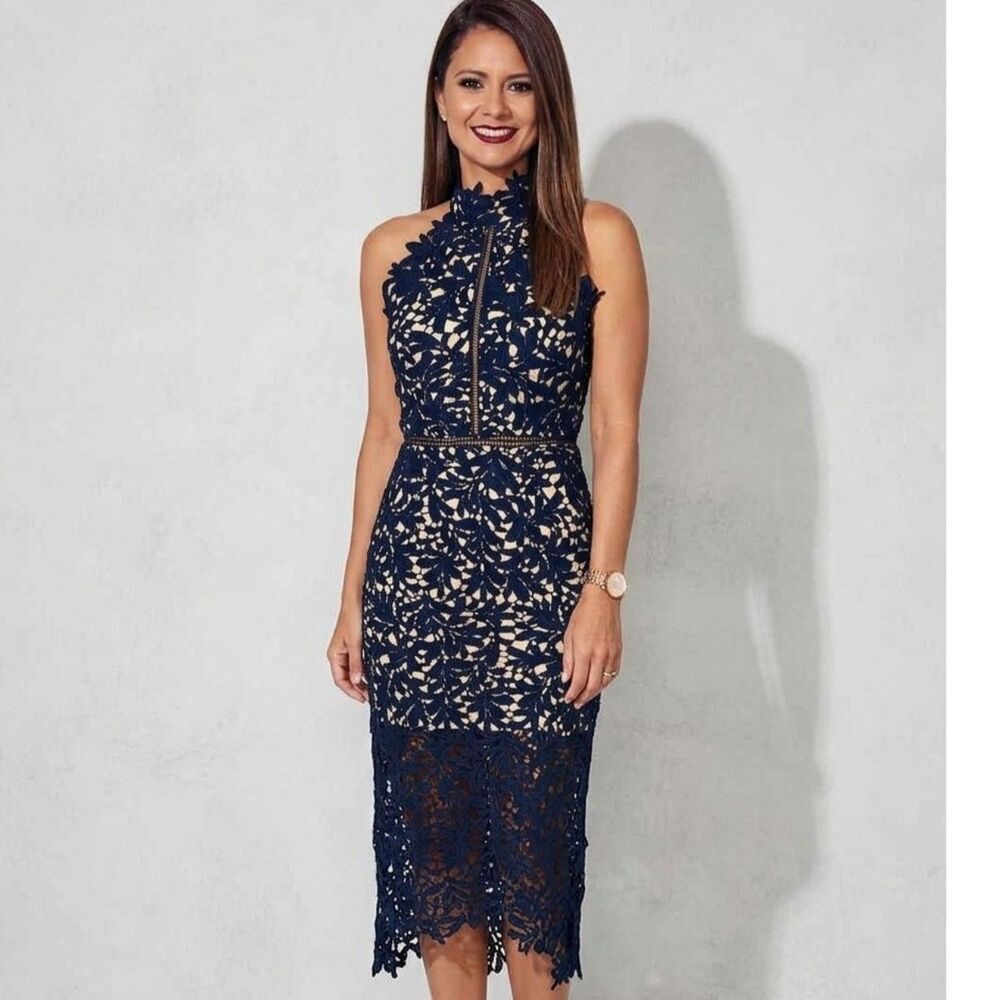 Lulu's Devine Destiny Navy Blue Lace Halter Midi Dress Sz XS Formal Statement